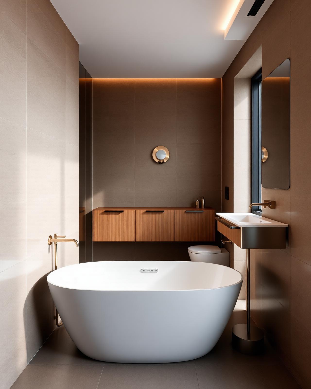 Luxe badkamer in Beesd met vrijstaand bad, warme tinten en messing detaillering